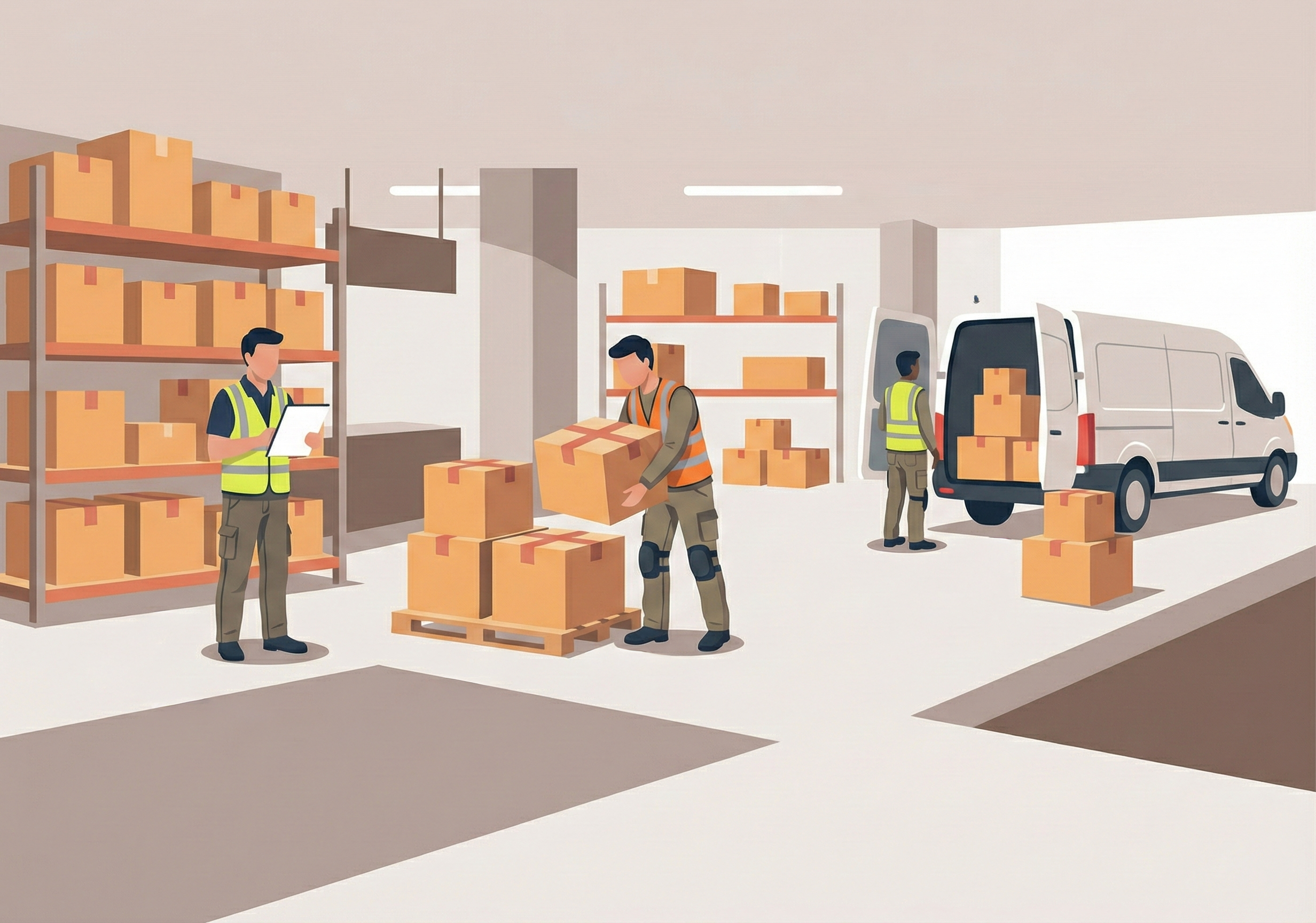 Ilustración: equipo de mudanzas cargando muebles protegidos en Madrid