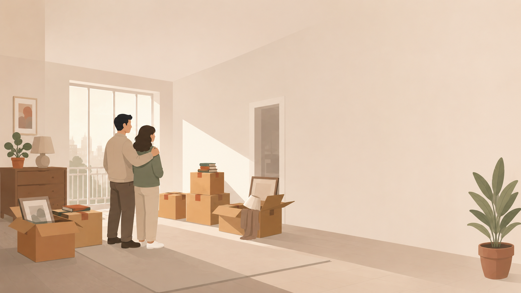 Pareja abrazada entre cajas de mudanza en su nueva casa en Madrid