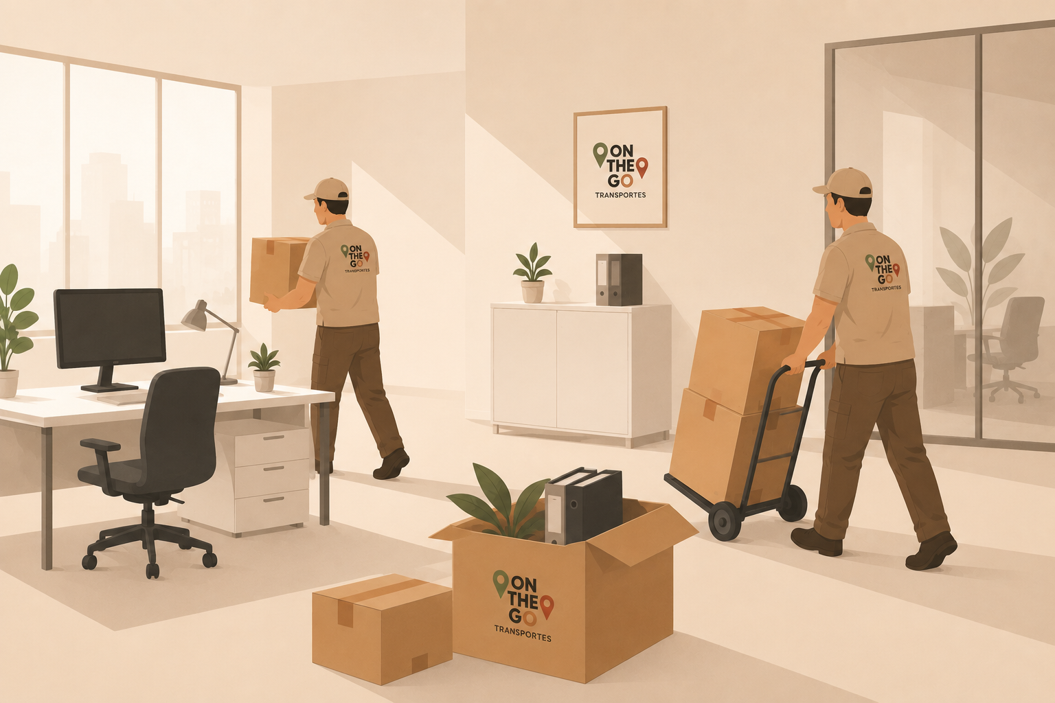 Mudanza de oficina en Madrid: equipo trasladando mobiliario y cajas